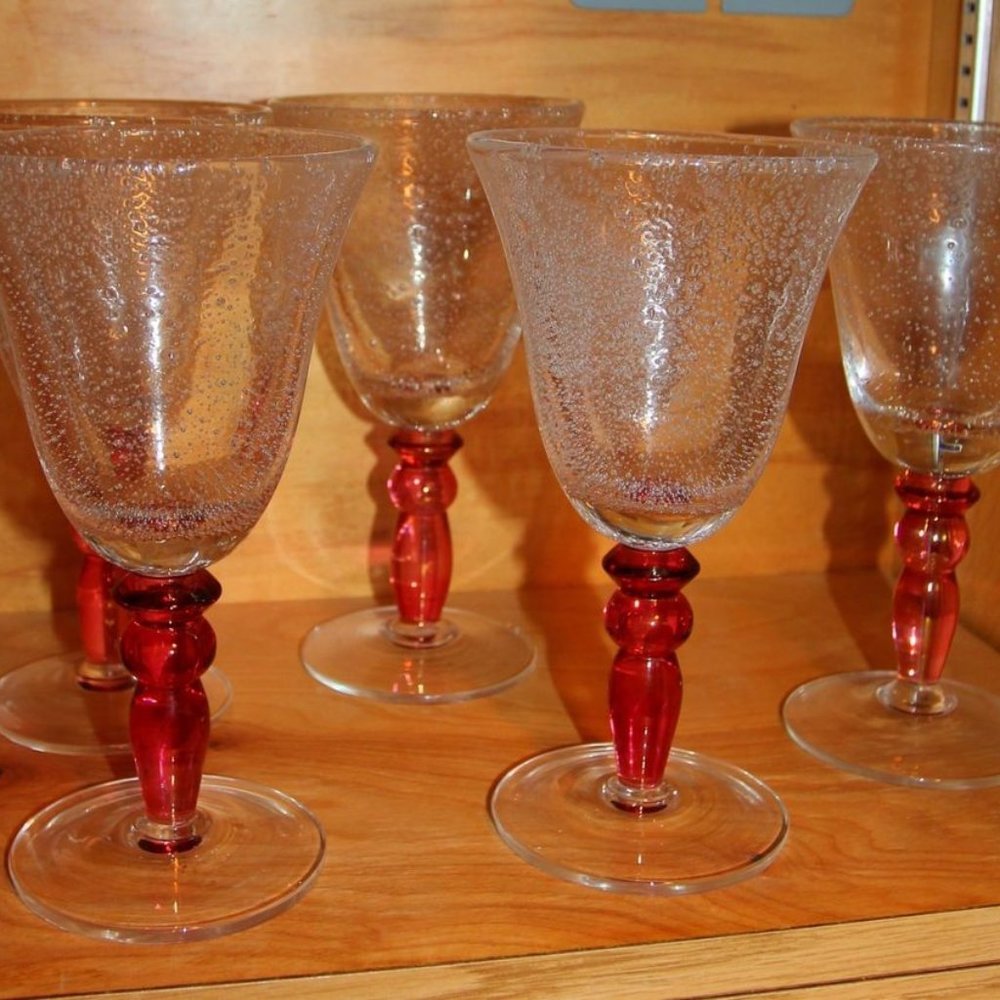 Pottery Barn Bubble Wine Glasses w/Red/Amber Stem